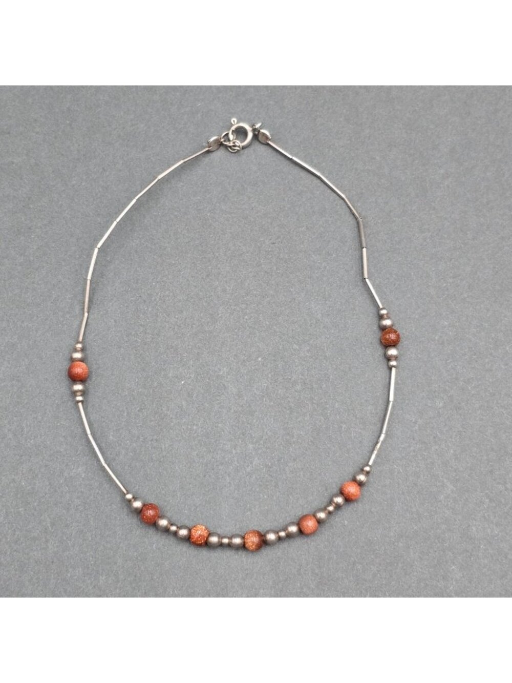 Vintage Southwestern Liquid Sterling Silver Goldstone Anklet 9" Station Beads